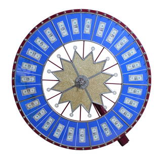 Spin to Win Lottery Prize Wheel, 20th c., Dia.- 48 in.: Spin to Win Lottery Prize Wheel, 20th c., the six tendrilled silver turret joining a pierced 12-pointed star-burst center to four quadrants, with 27 bills denoting awards set in a circumferential roya