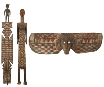 Three African Polychromed Tribal Art Objects, 20th c., Tallest- H.- 80 in.; Mask- H.- 16 in., W.- 54
