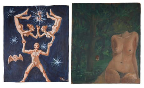 Herbert Leopold (American/New York, 1920-2009), Two Surrealist Nude Paintings, 2002, Headless Woman-