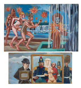 Herbert Leopold (American/New York, 1920-2009), Two Surrealist Mythological Paintings, 20th c.,: Herbert Leopold (American/New York, 1920-2009), Two Surrealist Mythological Paintings, 20th c., one oil on artist board, possibly depicting a 19th century European treaty, unsigned, and unframed; the