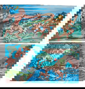 Herbert Leopold (American/New York, 1920-2009), Two Mythology Paintings with a Contemporary Twist,: Herbert Leopold (American/New York, 1920-2009), Two Mythology Paintings with a Contemporary Twist, 2001 & 2002, pair of oils on panel, the first depicting centaurs playing volleyball, signed and dated