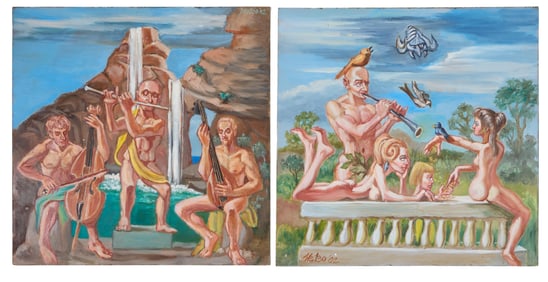 Herbert Leopold (American/New York, 1920-2009), Two Classical Style Paintings of Nudes and Music,