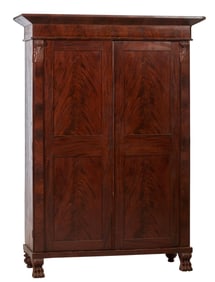 American Federal Carved Flamed Mahogany Armoire, Probably New York City, early 19th c., H.- 85 in.,