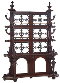 American Renaissance Revival Carved Walnut Hall Tree, mid to late 19th c., H.- 90 in., W.- 76 in.,