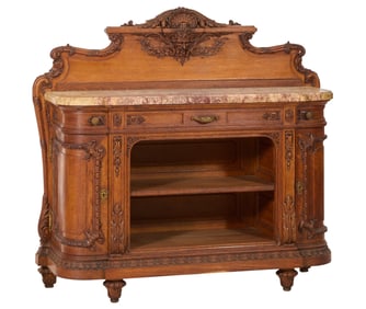 French Renaissance Revival Marble Top Carved Oak Desserte, mid to late 19th c., H.- 56 in., W.- 64