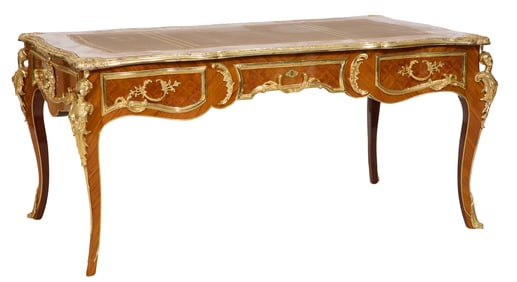 French Louis XV Style Ormolu Mounted Parquetry Desk, 20th c., H.- 33 in., W.- 71 in., D.- 36 in.