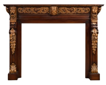 Large Renaissance Revival Style Carved Giltwood Lion Mantel, 20th c., H.- 68 in., W.- 89 in, D.- 10