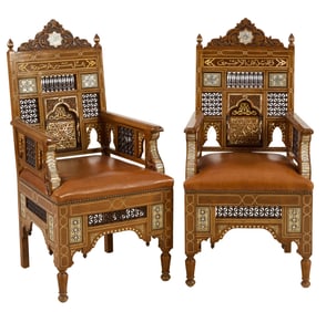 Pair of Moorish Style Mother of Pearl Inlaid Armchairs, early 20th c., Each- H.- 44 in., W.- 22 in.,
