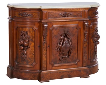 American Renaissance Revival Marble Top Carved Walnut Server, mid 19th c., H.- 39 1/2 in., W.- 53