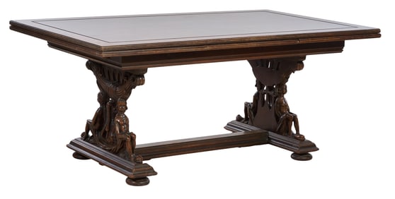 French Renaissance Revival Figural Extension Library Table, late 20th c., H.- 30 1/4 in., W.- 42