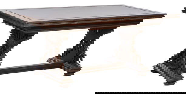 French Renaissance Revival Figural Extension Library Table, late 20th c., H.- 30 1/4 in., W.- 42: French Renaissance Revival Figural Extension Library Table, late 20th c., the rectangular top with two draw leaves, stretchered trestle base each featuring a central swan flanked by two maidens with d