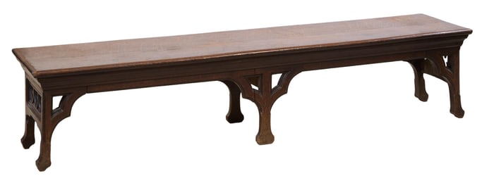 Continental Gothic Style Carved Oak Bench, late 19th c., H.- 16 1/4 in., W.- 75 in., D.- 17 in.