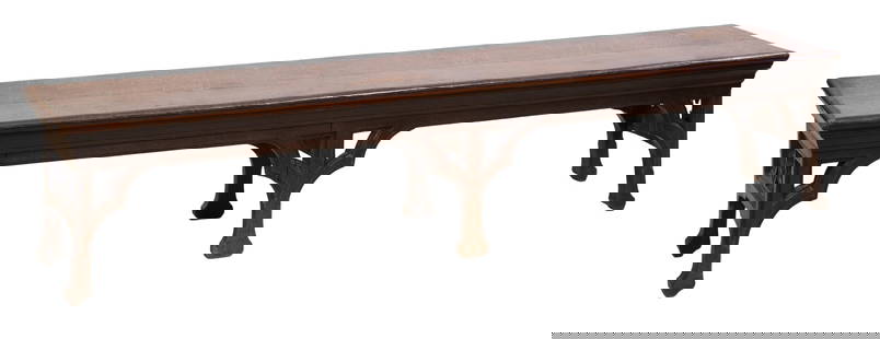 Continental Gothic Style Carved Oak Bench, late 19th c., H.- 16 1/4 in., W.- 75 in., D.- 17 in.: Continental Gothic Style Carved Oak Bench, late 19th c., the rectangular moulded top over pierced spandrels, club feet, triple trefoil ends, H.- 16 1/4 in., W.- 75 in., D.- 17 in.