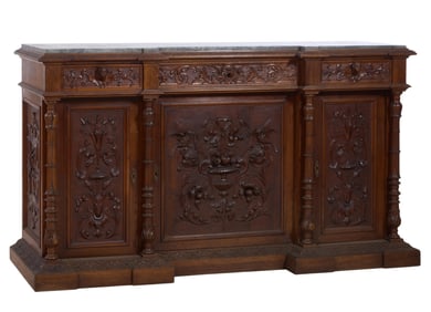 French Renaissance Revival Marble Top Carved Walnut Buffet, late 19th c., H.- 39 in., W.- 71 1/2