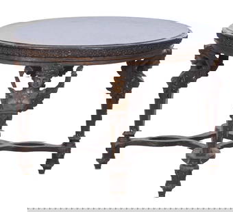 Italian Inspired Blue Quartz Top Bronze Center Table, 20th c., H.- 30 in., Dia.- 40 in.: Italian Inspired Blue Quartz Top Bronze Center Table, 20th c., the round moulded quartz top over floral blossom frieze, four winged caryatid legs joined by a intertwining stretcher, draped and lobbed
