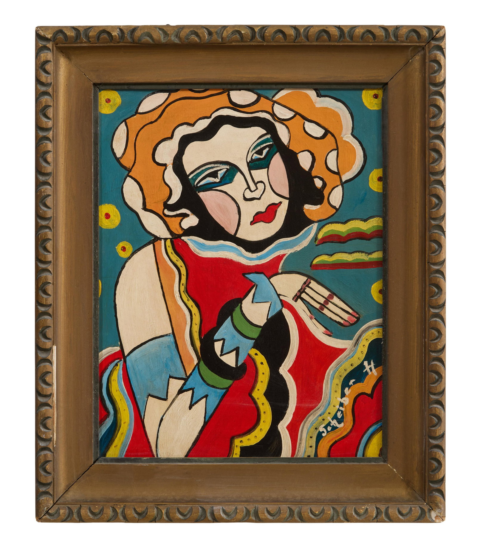 Attributed to Hugo Scheiber (Hungarian, 1873-1950), "Woman in a Polkadot Hat," Sight- H.- 18 in.,: Attributed to Hugo Scheiber (Hungarian, 1873-1950), "Woman in a Polkadot Hat," oil on wood panel, signed lower right, presented in a giltwood frame, Sight- H.- 18 in., W.- 13 5/8 in., Framed- H.- 23 1