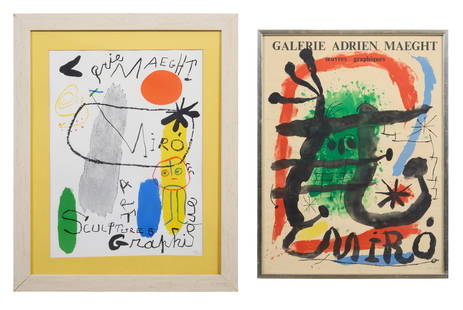 After Joan Miro (Spanish, 1893-1983), Two Galerie Adrien Maeght Posters, First Sight- H.- 24 3/4: After Joan Miro (Spanish, 1893-1983), Two Galerie Adrien Maeght Posters, the first for the 1978 exhibition (sans text) "Oeuvre Graphique;" the second "Art Sculptures Graphique," originally published i