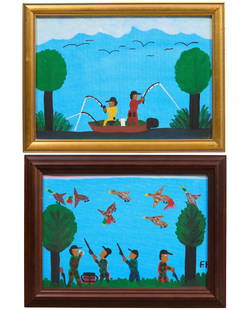 Frank Hunter (American/Louisiana, b. 1974), "Duck Hunting," and "Fishing," Duck Hunting- H.- 10 in.,: Frank Hunter (American/Louisiana, b. 1974), "Duck Hunting," and "Fishing," two oils on canvas board, each monogrammed lower right, each with "LeMieux Gallery, New Orleans" labels en verso, the first p