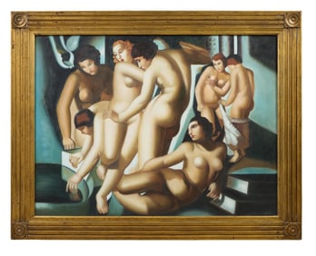 After Tamara de Limpicka (Polish, 1898-1980), "Women Bathers (c. 1929)," Sight- H.- 36 in., W.- 48