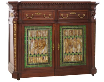 American Egyptian Revival Ormolu Mounted Stained Glass Carved Mahogany Banker's Secretary, late 19th