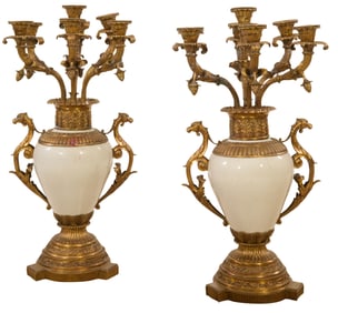 Pair of Bronze & Porcelain Winged Griffin Candelabra, 21st c., Each- H.- 34 1/2 in., W.- 16 in., D.-