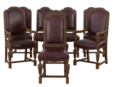 Set of Eight English Carved Mahogany Leather Dining Chairs, early 20th c., Armchairs- H.- 46 1/2 in.