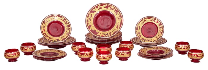 Thirty Pieces Bohemian Gilded Ruby Glassware Dessert Service, early 20th c., Dessert Bowls- H.-