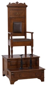 American Aesthetics Oak Shoeshine Chair with Stand, early 20th c., H.- 82 in., W.- 36 in., D.- 40