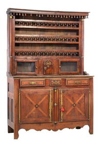 French Provincial Louis XV Style Inlaid Vaisselier, 19th c., H.- 89 in., W.- 59 in., D.- 23 in.: French Provincial Louis XV Style Inlaid Vaisselier, 19th c., the flat cornice with pendant surround, three baluster railed shelves, central arched doors between glazed doors, the base with three friez