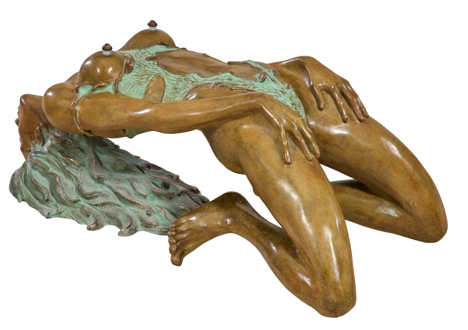 Contemporary Coffee Table Base, Italian, "Justine," Designed by Nicola Voci (Italian), H.- 16 in.,: Contemporary Coffee Table Base, Italian, "Justine," Designed by Nicola Voci (Italian), patinated bronze in the form of a female nude in a backbend, the breasts and torso forming the surface for the gl