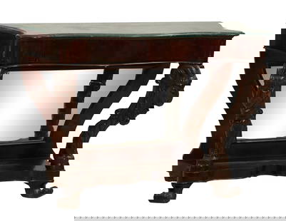 French Empire Style Marble Top Mahogany Console, mid 19th c., H.- 37 in., W.- 53 in., D.- 24 in.: French Empire Style Marble Top Mahogany Console, mid 19th c., the moulded verti serpentine marble top over conforming frieze, scrolling rams head standards into hooves, spurred stretcher shelf with ou