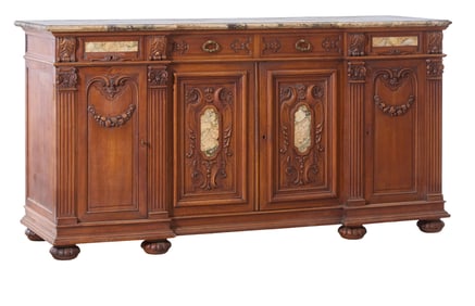 French Renaissance Revival Marble Mounted Topped Carved Walnut Sideboard, late 19th c., H.- 49 1/2