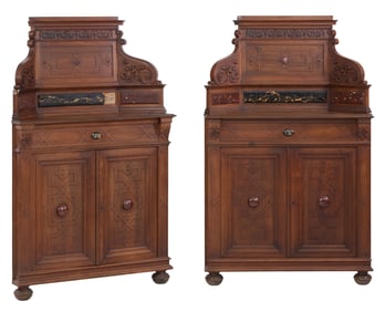 Pair of American Renaissance Revival Marble Mounted Walnut Corner Cabinets, late 19th c., Each- H.-