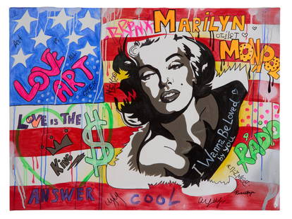 Nastya Rovenskaya (Russian, b. 1976), "Marilyn Monroe, I Wanna Be Loved by You," H.- 30 in., W.- 40: Nastya Rovenskaya (Russian, b. 1976), "Marilyn Monroe, I Wanna Be Loved by You," mixed media/giclee on canvas, signed lower right, unframed, H.- 30 in., W.- 40 in.