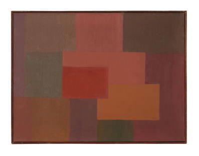American School, "Untitled: Abstract Composition," c. late 1950s, Sight- H.- 18 in., W.- 24 in.,: American School, "Untitled: Abstract Composition," c. late 1950s, oil on canvas, unsigned, presented in a gallery liner wood frame, Sight- H.- 18 in., W.- 24 in., Framed- H.- 18 3/8 in., W.- 24 3/4 in