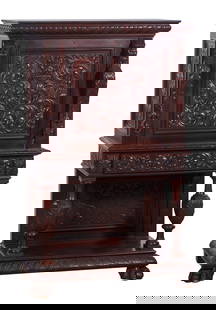 French Henry II Carved Mahogany Secretaire a Abattant, late 19th c., H.- 55 1/2 in., W.- 38 in., D.-: French Henry II Carved Mahogany Secretaire a Abattant, late 19th c., the restrained moulded top over gadrooned frieze, central elaborately acanthus carved fall front door opens to reveal a fitted mapl