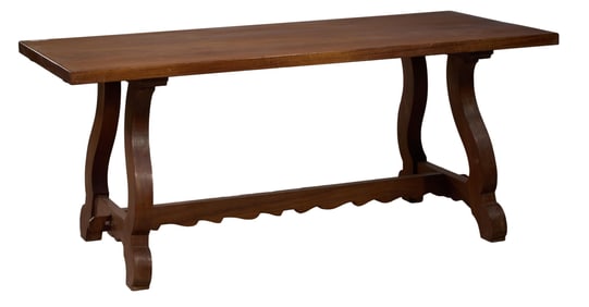 French Provincial Mahogany Farm Table, 20th c., H.- 30 in., W.- 71 in., D.- 33 1/8 in.