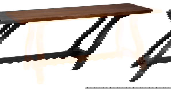 French Provincial Mahogany Farm Table, 20th c., H.- 30 in., W.- 71 in., D.- 33 1/8 in.: French Provincial Mahogany Farm Table, 20th c., the rectangular top over lyre form supports joined by a tenoned spurred stretcher, shaped feet, H.- 30 in., W.- 71 in., D.- 33 1/8 in.