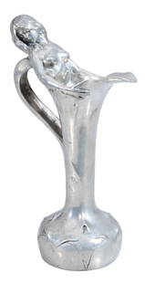 Raphael Charles Peyre (French, 1872-1949), Art Nouveau Decanter, c. 1898, H.- 12 3/8 in., W.- 7 1/4: Raphael Charles Peyre (French, 1872-1949), Art Nouveau Decanter, c. 1898, the foliate ewer form vessel with partial female figure emerging, made by Siot-Decauville, Paris, pewter, signed and marked wi