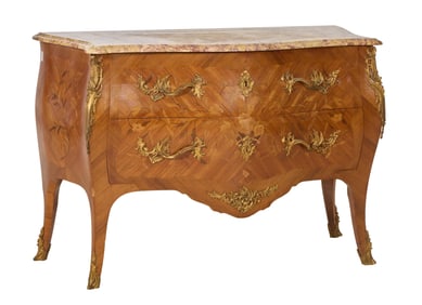 French Transitional Louis XV/XVI Style Ormolu Mounted Marble Top Marquetry Parquetry Bombe Commode,