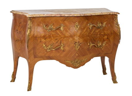 French Transitional Louis XV/XVI Style Ormolu Mounted Marble Top Marquetry Parquetry Bombe Commode,: French Transitional Louis XV/XVI Style Ormolu Mounted Marble Top Marquetry Parquetry Bombe Commode, 20th c., the variegated serpentine marble top with moulded edge, two deep drawers, mounted stiles, m