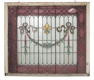 Fleur de Lis Stained Glass, late 19th c., H.- 53 3/4 in., W.- 47 in., D.- 2 in.