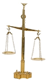 Large Brass Trade Scale with Weights, 20th c., H.- 58 in., W.- 33 in., D.- 10 in.