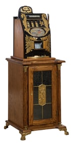 Mills $.25 Bell Fruit Gum Slot Machine on Oak Stand, 20th c., Overall- H.- 58 1/2 in, W.- 20 1/2