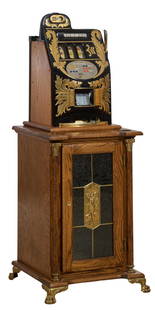 Mills $.25 Bell Fruit Gum Slot Machine on Oak Stand, 20th c., Overall- H.- 58 1/2 in, W.- 20 1/2: Mills $.25 Bell Fruit Gum Slot Machine on Oak Stand, 20th c., by Mills Novelty Co., Chicago, the black and gold case with oak sides, integrated base with art nouveau stained glass door, flanked by bra