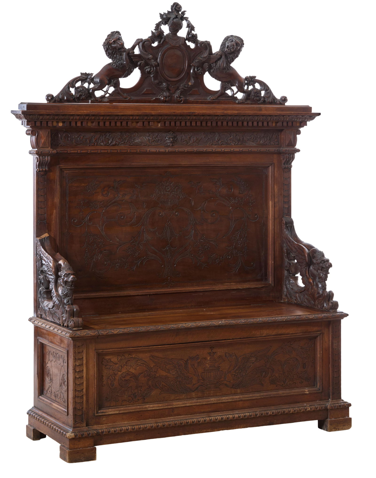American Renaissance Revival Carved Walnut Hall Bench, late 19th c., H.- 76 in., W.- 60 in., D.- 19 (1 of 2)
