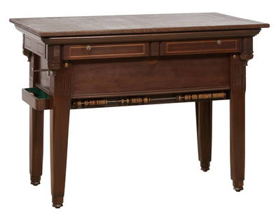 American Metamorphic "Billiardette" Table, late 19th c., H.- 35 in., W.- 48 1/2 in., W.- 28 in.: American Metamorphic "Billiardette" Table, late 19th c., with a removable felt lined table top over baize lined pool table with six pockets, cue storage as well as sliding game score on bottom, tapere