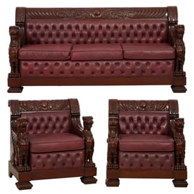 Three Piece American Renaissance Leather and Carved Walnut Seating Group, Style of R.J. Horner, 20th