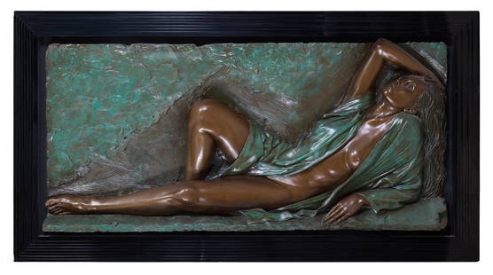 Bill Mack (American/Minnesota, b. 1949), "Radiance," Overall- H.- 40 in., W.- 73 in., D.- 6 1/2 in.: Bill Mack (American/Minnesota, b. 1949), "Radiance," bonded bronze on wood panel, signed upper, left, presented in a black acrylic and wood composite frame, Overall- H.- 40 in., W.- 73 in., D.- 6 1/2