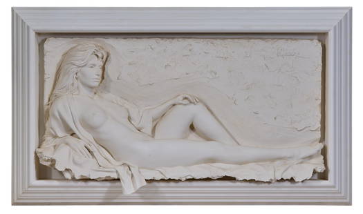 Bill Mack (American/Minnesota, b. 1949), "Recumbent Female Nude with Open Blouse," Overall- H.- 41: Bill Mack (American/Minnesota, b. 1949), "Recumbent Female Nude with Open Blouse," bonded sand wall relief on wood panel, signed and numbered upper right "XXVII/L", presented in a white acrylic and co